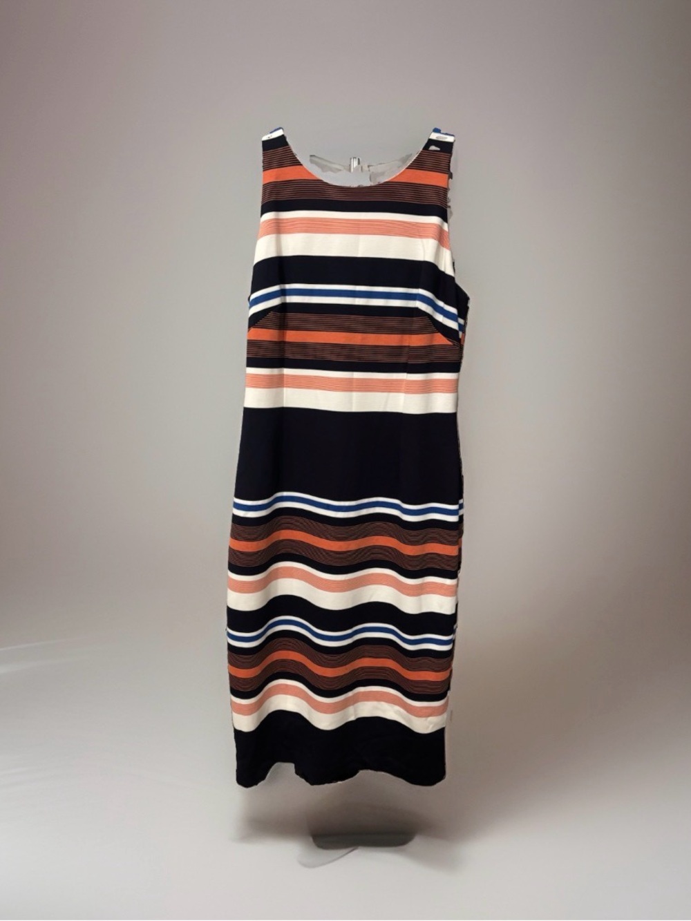 Adrianna Papell Navy White Orange Striped Sheath Midi Dress Round Neck Sz 10